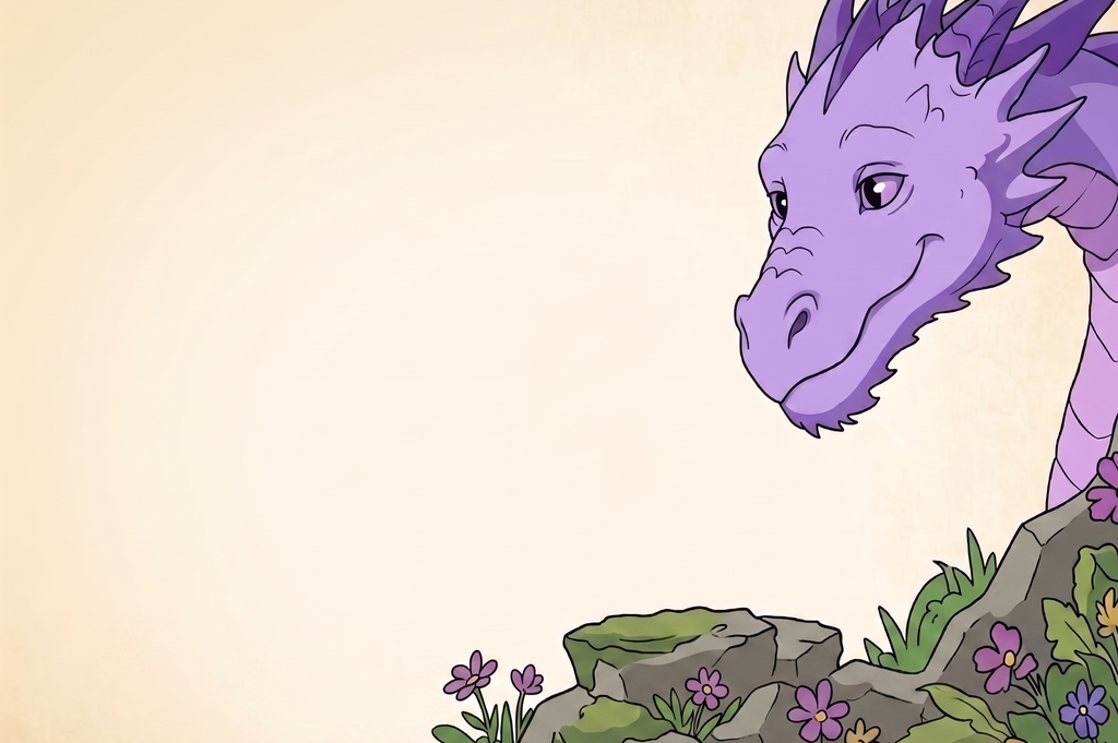 Relaxed purple dragon smiling over a rocky garden