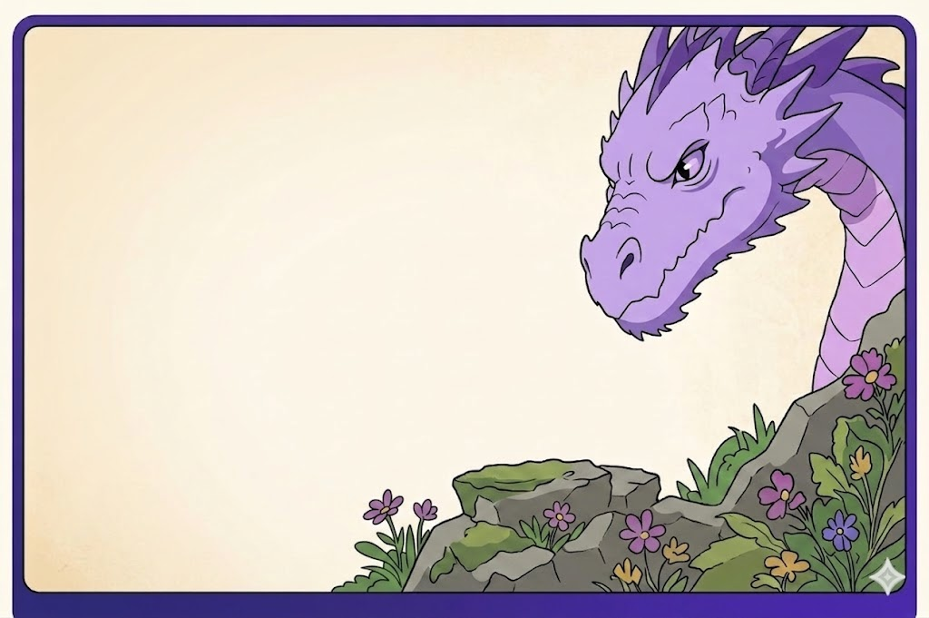 Purple dragon peering down over a rocky garden